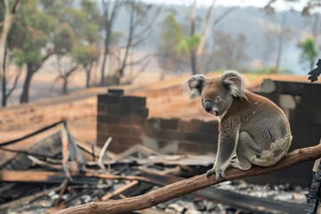Foto op Plexiglas koala on safe branch overlooking firedamaged habitat © studioworkstock