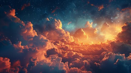 Obraz na płótnie Canvas Fantasy sky filled with fluffy, glowing clouds under stars, creating otherworldly atmosphere