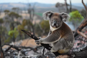 Wandaufkleber koala on safe branch overlooking firedamaged habitat © studioworkstock