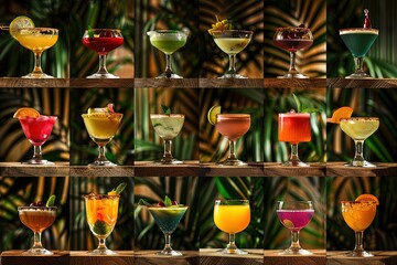 Variety of colorful cocktails on a bar shelf