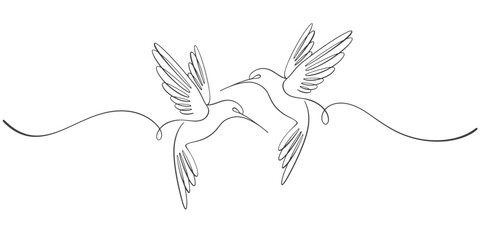 Two birds are flying isolated on white background. Line art love couple of birds. Outline vector illustration.	