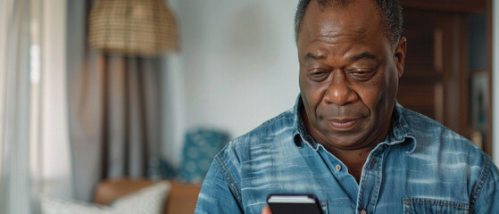 Obraz premium A man customer holding smartphone using apps on mobile cell phone, looking at cellphone technology device doing online ecommerce shopping or banking financial payments at home.