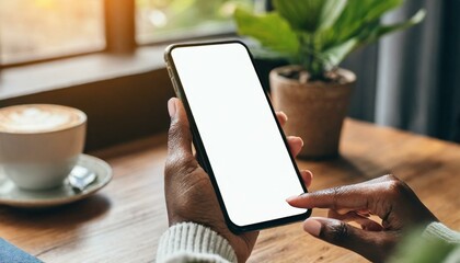 Mobile Phone for Mockup - Mobile Phone held by Hand at a desk or Cafe, at Home Environment - Template for Application Presentation