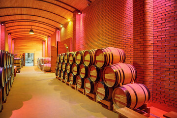 Traditional Wine Cellar With Illuminated Brick Walls and Stacked Wooden Barrels - 767116859