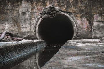 Sewage drainage pipe, sewage flows from the collector. Environmental pollution