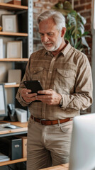 A man customer holding smartphone using apps on mobile cell phone, looking at cellphone technology device doing online ecommerce shopping or banking financial payments at home.