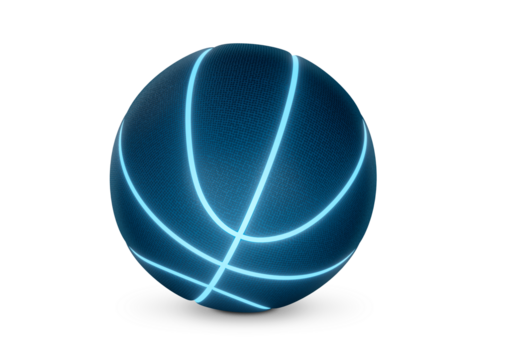 Blue basketball with bright glowing neon lines, transparent background