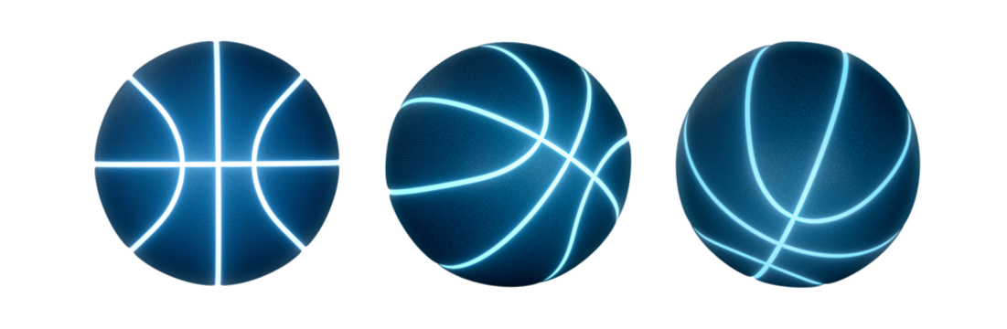 Blue basketball with bright glowing neon lines, transparent background