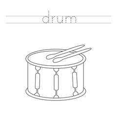 Trace the letters and color cartoon drum. Handwriting practice for kids.