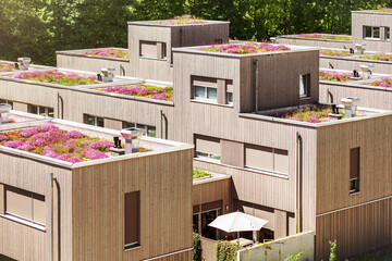 Roof Garden of Modern Eco Apartment Buildings with Wooden Facade in Green City in Germany. Green...