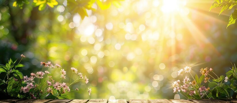 Spring or summer abstract background with sunlight and wooden table