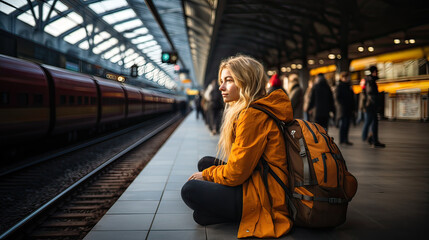 Mujer 20s sentada en el anden, esperando, con abrigo ocre, pelo largo rubio, una mochila naranja a la espalda, en una estación de metro, con pasajeros al fondo, luz natural tejado, primer plano