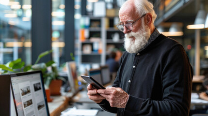 A man customer holding smartphone using apps on mobile cell phone, looking at cellphone technology device doing online ecommerce shopping or banking financial payments at home.