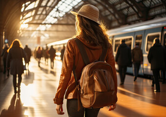 Mujer de espaldas andando en el anden, con abrigo cuero caramelo, pelo largo castaño y sombrero, mochila polipiel a la espalda, en una estación de metro, con pasajeros caminando, luz natural tejado - obrazy, fototapety, plakaty