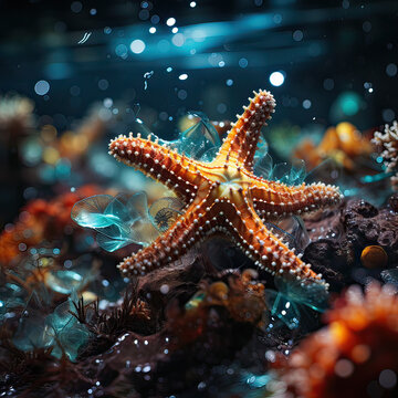 Estrella de mar, primer plano, colores azul verdosos con las patas naranjas, fantas&iacute;a, 3D, ilustraci&oacute;n, mundo submarino, arrecifes coralinos, profundidades, estudio vida marina, ventosas