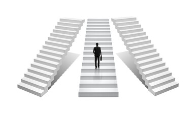 Businessman climbing on concrete stairs. Success and career growth concept, transparent background