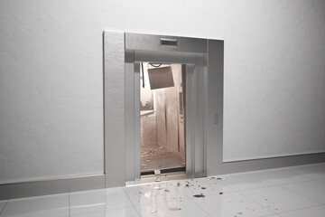 Emergency Scene: Elevator Doors Open Displaying Debris and Malfunction Signs