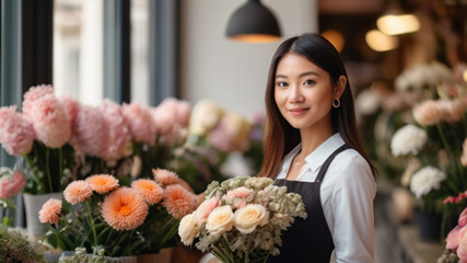 Portrait of beautiful young Asian florist in stylish flower shop	