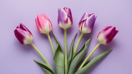 Bouquet of five colorful violet purple pink tulips on light purple