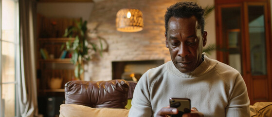 A man customer holding smartphone using apps on mobile cell phone, looking at cellphone technology device doing online ecommerce shopping or banking financial payments at home.