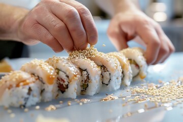 cooks hands garnishing a maki roll with sesame seeds