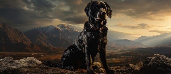 A black Labrador Retriever is perched on a mountain peak, the cloudfilled sky serving as a backdrop...