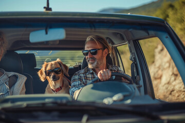 A man is driving a car with a dog in the back seat. The dog is wearing sunglasses and he is enjoying the ride. The man is smiling and seems to be in a good mood