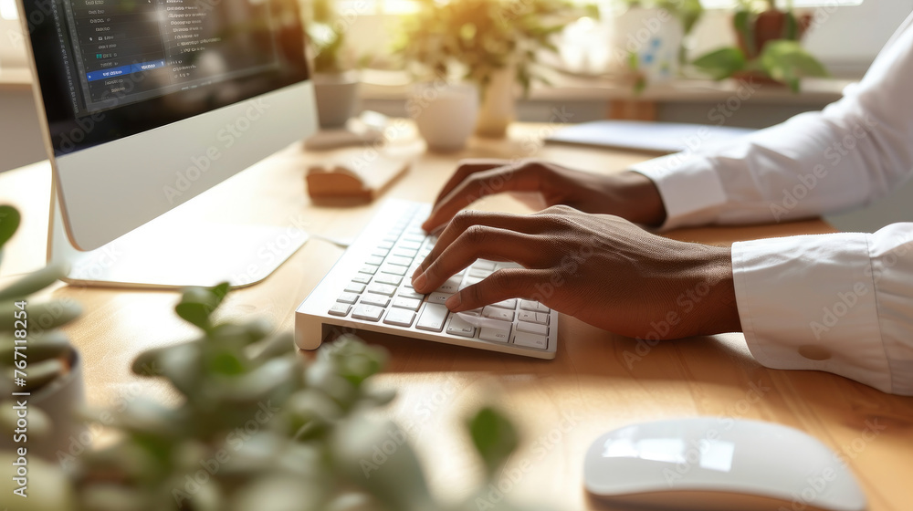Poster a person is typing on a computer keyboard in front of a potted plant. concept of productivity and fo