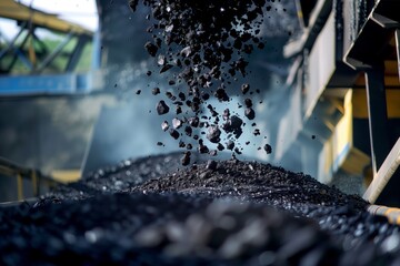 closeup of coal falling off a conveyor belt onto a pile