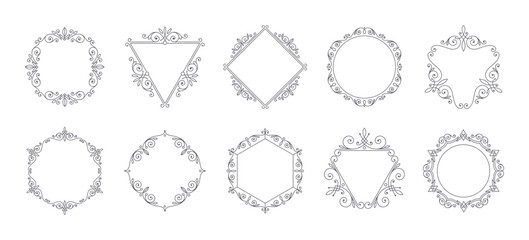 Vector set of calligraphic flourishes elegant ornamental frames. Elements for logo or identity design.