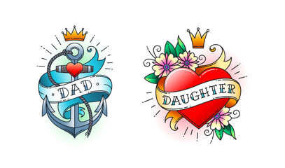 Set of Classic tattoo. Heart with flowers and ribbon with the word daughter. Anchor with rope and ribbon with the word dad. Classic old school American retro tattoo. Vector illustration. - 767118234