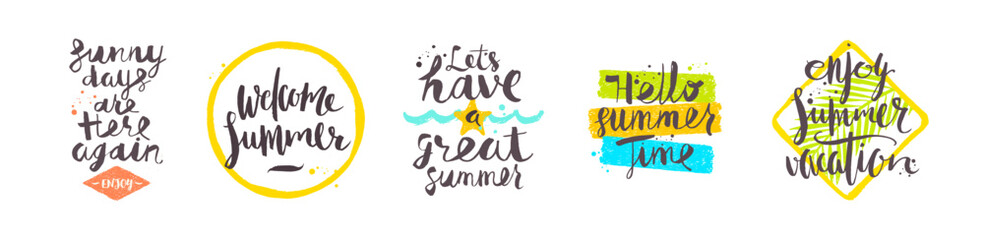 Set of vacation and summer travel brush calligraphy lettering designs. Summer holidays quote and phrases. Vector illustration. - obrazy, fototapety, plakaty