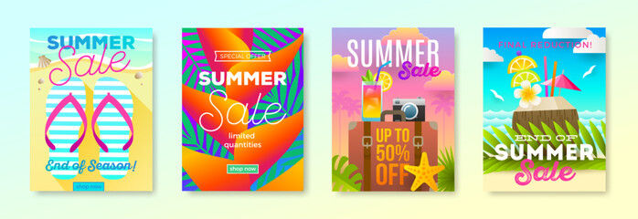 Set of summer sale promotion banners. Summer holidays and travel colorful bright background. Vacation poster  design. Vector illustration. - 767118272
