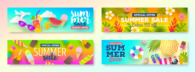Set of summer sale promotion banners. Summer holidays and travel colorful bright background. Vacation flyer design. Vector illustration.