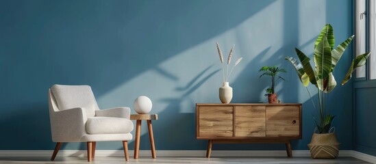 Contemporary living room decor featuring a plush armchair, wooden cabinet, and stylish home decor items against a blue wall. Template with ample copy space for home staging.