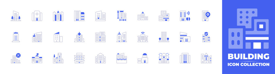 Building icon collection. Duotone style line stroke and bold. Vector illustration. Containing city, measure, smart, hospital, office, building, office building, shopping mall, town, residential.