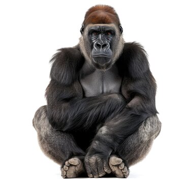 Gorilla in natural pose isolated on white background, photo realistic