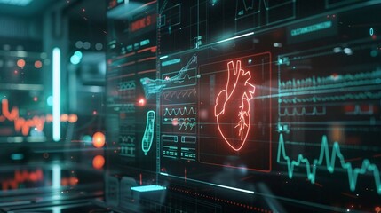 a holographic display showing patient data, with medical heartbeat icon pulsating in sync with the patient's heart rate. 
 - obrazy, fototapety, plakaty