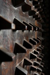A closeup of the slats in an antique wooden shutter, showcasing their intricate patterns and textures. - obrazy, fototapety, plakaty
