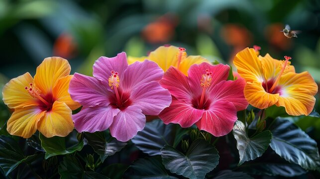 Vibrant hibiscus flowers bloom in a garden, adding color to the groundcover