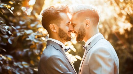 Two men in suits kissing each other on the cheek - obrazy, fototapety, plakaty