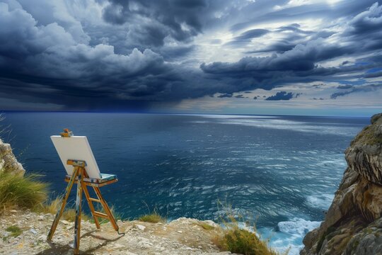 easel on a cliff overlooking the ocean, storm clouds above