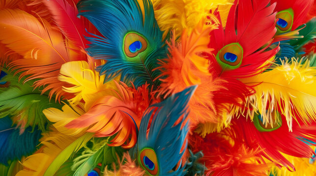 A colorful array of feathers with a rainbow of colors. The feathers are arranged in a way that creates a sense of movement and energy. The image conveys a feeling of freedom and joy