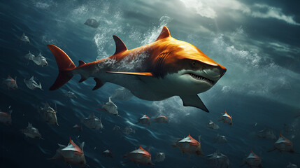 Big sea sharks small brave goldfish with shark fin costume in big ocean giant shark underwater wild shark in ocean 