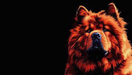 Illustration painting portrait  of red chow chow dog on black background with copy space