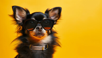 Dark brown Chihuahua in black sunglasses against yellow background with copy space. 