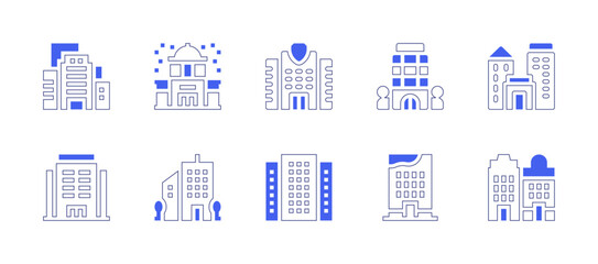 Building icon set. Duotone style line stroke and bold. Vector illustration. Containing building, migration, buildings, mall, office, office building.