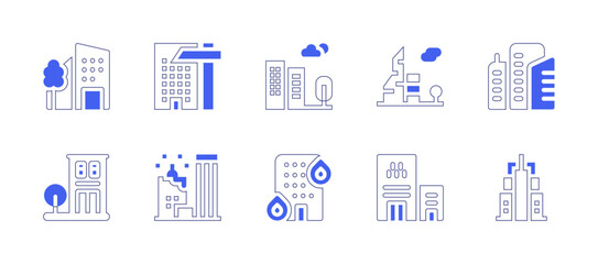 Building icon set. Duotone style line stroke and bold. Vector illustration. Containing building, building on fire, buildings.