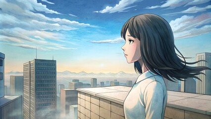 Fototapeta na wymiar Woman Viewing Sky From Skyscraper Rooftop Emotive Manga Illustration