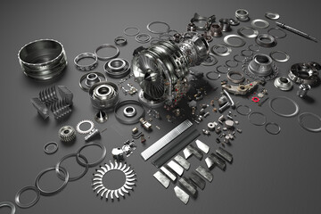 Comprehensive Exploded View of Jet Engine Components on Display
